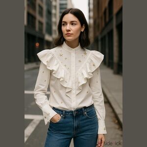 Karen MILLEN Ruffle Gold stars ⭐️ Embroidered Button Down Shirt